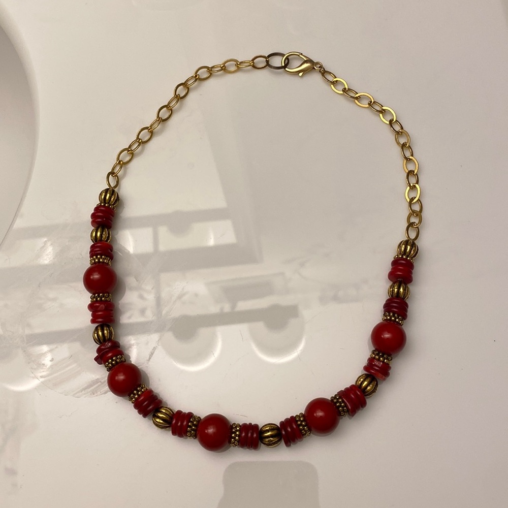 Chunky Red & Gold Beaded Necklace